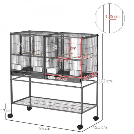 Jaula para Pájaros con Ruedas Pajarera Doble con 2 Bandejas Múltiples Puertas 4 Comederos 4 Perchas 95x45,5x102 cm Gris [1]