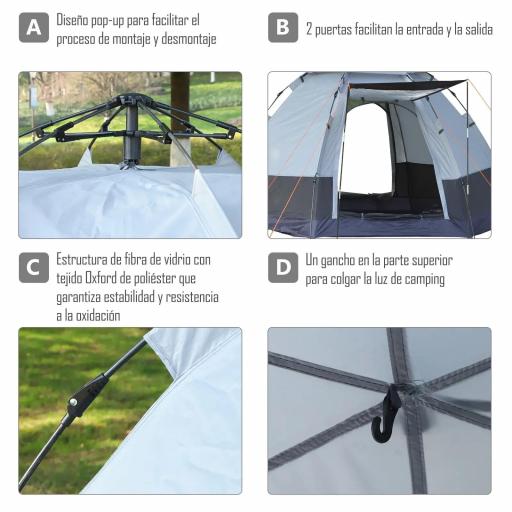 Tienda de Camping para 2-3 Personas con 2 Puertas Impermeable Anti-UV Palanca Automática 260x260x150 cm Negro y Gris [2]
