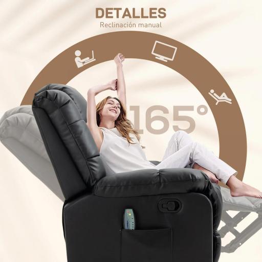 Sillón de Masaje Reclinable con 8 Puntos de Masaje Mando a Distancia Tapizado en PU Reposapiés Bolsillo Lateral Negro [5]