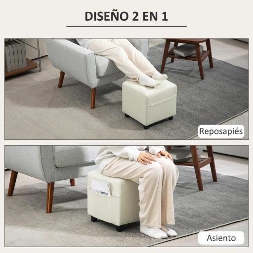 Reposapiés de Salón Taburete Bajo Tapizado en Lino con Bolsillo Lateral y Tapa con Botones Acolchados Crema [2]
