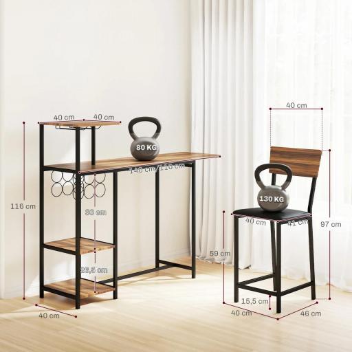 Conjunto de Mesa de Bar con Laterales Abatibles Soporte para Vinos y 2 Taburetes de Estilo Industrial Marrón y Negro [1]