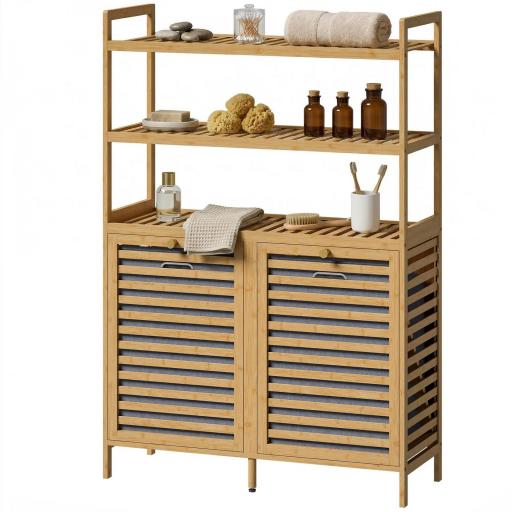 Mueble Ropa Sucia de Bambú con 2 Cestos para Ropa Sucia Inclinables 38,7 L y 3 Estantes 80x30x118 cm Roble [9]