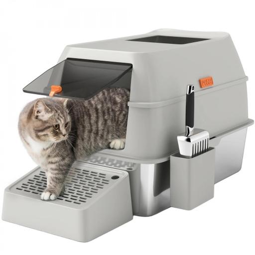 Arenero para Gatos Cubierto de Acero Inoxidable con Paso de Salida y Pala de Acero Inoxidable Gris Claro [9]