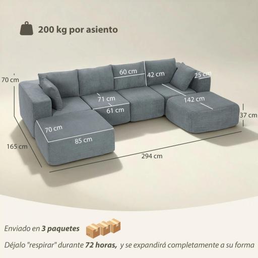 Sofá Seccional en Forma de U Sofá Modular con 2 Taburetes 2 Almohadas Reposabrazos Anchos sin Montaje Gris [1]