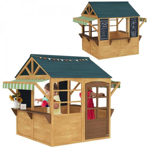 Casita de Juegos Infantil de Madera con Ventanas Pizarras Tejado y Toldo 173x117x144 cm Madera Natural [8]