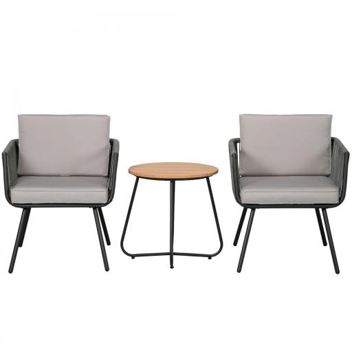 Conjunto de Muebles de Jardín de Ratán 3 Piezas Incluye 1 Mesa y 2 Sillones con Cojines Acolchados Gris [9]
