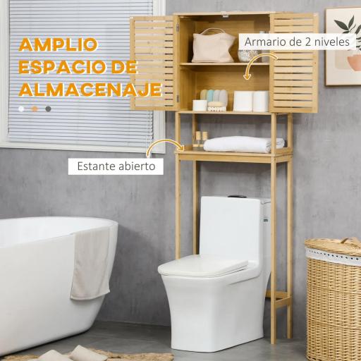 Mueble de Bambú sobre Inodoro Armario Alto para Lavadora con 2 Puertas 1 Balda Interior y 1 Estante de Almacenaje para Baño 60x23x173 cm Natural [2]