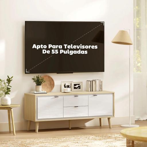 Mueble de TV Moderno de 2 Puertas 2 Cajones Orificios y Estantes Extraíbles 120x35x50 cm Blanco Brillo y Roble [3]