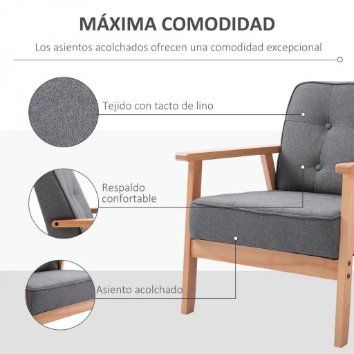 Butaca de Salón Moderna con Asiento Acolchado y Marco de Madera para Oficina Dormitorio 65x69x78 cm Gris [4]
