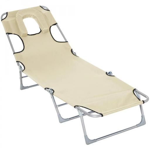 Tumbona Reclinable y Plegable de Jardín con Orificio de Lectura Reposacabezas y Respaldo Ajustable en 5 Niveles para Playa 182x56x28 cm Beige [9]