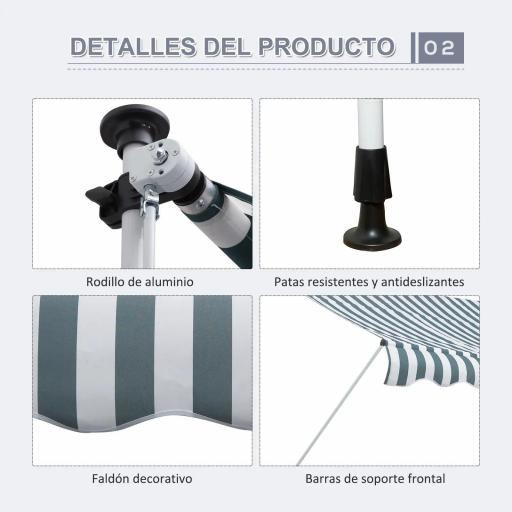 Toldo Manual Retráctil 300x150x170-280 cm con Altura Ajustable Manivela y Protección Solar para Terraza Verde [5]