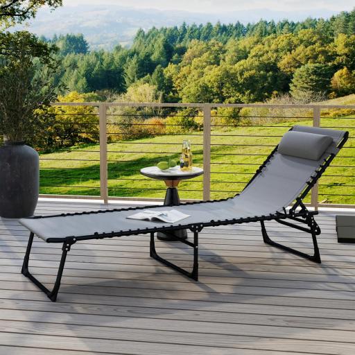 Tumbona Plegable y Ajustable de 4 Posiciones Silla Reclinable de Jardín con Sistema de Cordones para Exterior Marco Acero 197x58x30 cm Gris