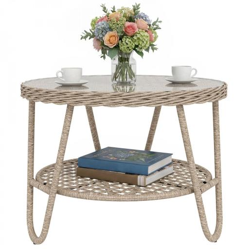 Mesa de Jardín Exterior de Ratán Mesita Auxiliar de Jardín con Estante Tablero de Vidrio Templado 65x65x50 cm Amarillo [9]