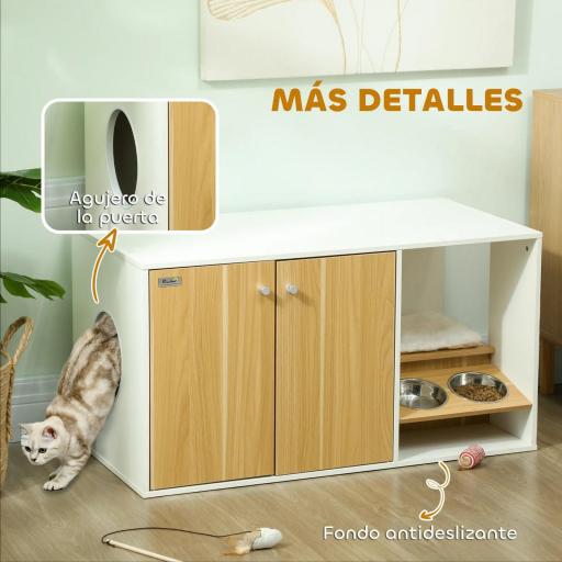 Mueble Arenero para Gatos 3 en 1 con Puertas Cojín Tazones y Estera para Rascar 95x48x50,5 cm Blanco y Roble [3]