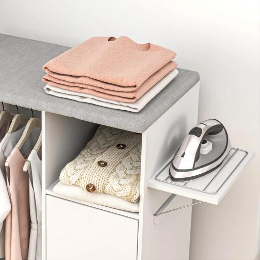 Mueble de Planchar con Ruedas Barra para Colgar Ropa Estante Abierto y Tablero Plegable 127x42,5x99 cm Blanco [5]