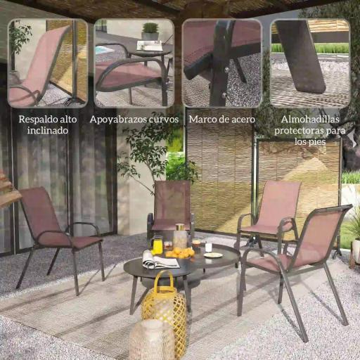 Set de 4 Sillas de Exterior Apilables Asiento de Malla Respaldo Alto y Marco de Acero para Jardín Marrón Oscuro y Negro [2]