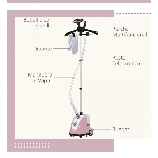 Plancha Vertical 1800W 1,4 L con Temperatura Ajustable en 11 Niveles y Barra Telescópica para Hogar Oficina Rosa [4]