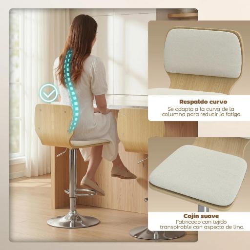 Juego de 2 Taburetes Altos de Cocina Giratorios en 360° Regulables en Altura de 81-102 cm Tapizados en Lino Beige [7]