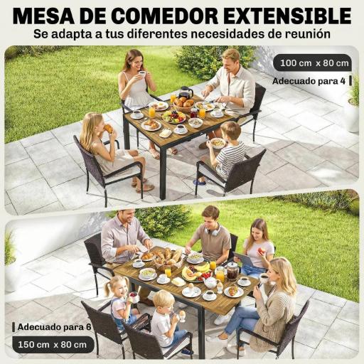 Conjunto de Mesa y Sillas Jardín de Ratán 7 Piezas con Mesa Extensible con Tablero Madera y 6 Sillas Apilables Cojines [4]