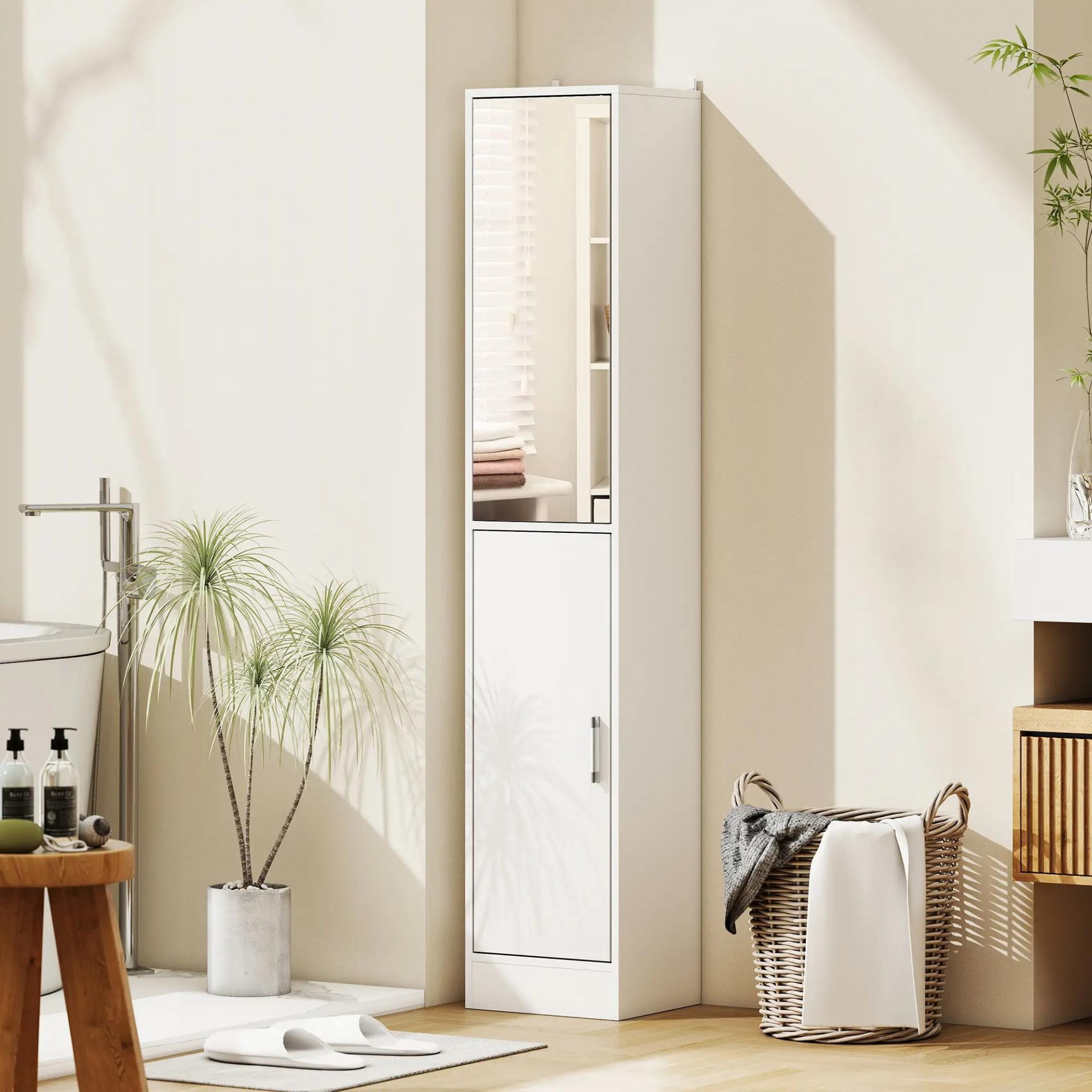 Armario para Baño Alto Mueble Columna de Baño con Espejo 2 Puertas y Estantes Ajustables Multiusos 32x28x162 cm Blanco