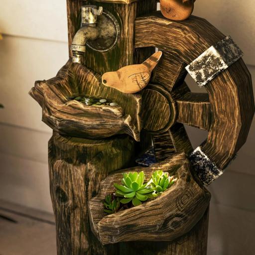 Fuente de Cascada 2 en 1 con Casita para Pájaros con Luces LED y Bomba Característica de Jardín con Troncos Multicolor [3]