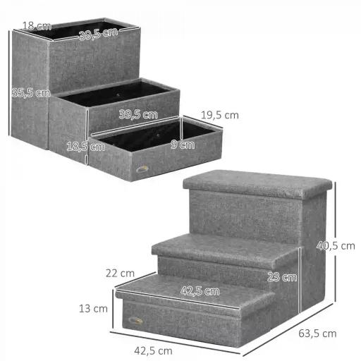 Escalera para Mascotas de 3 Peldaños Escalones para Perros Gatos con Espacio de Almacenamiento 63,5x42,5x40,5 cm Gris [1]