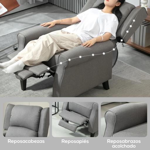Sillón Relax Reclinable Manual Tapizado en Lino Sintético con Reposapiés Retráctil Carga 150 kg Gris [4]