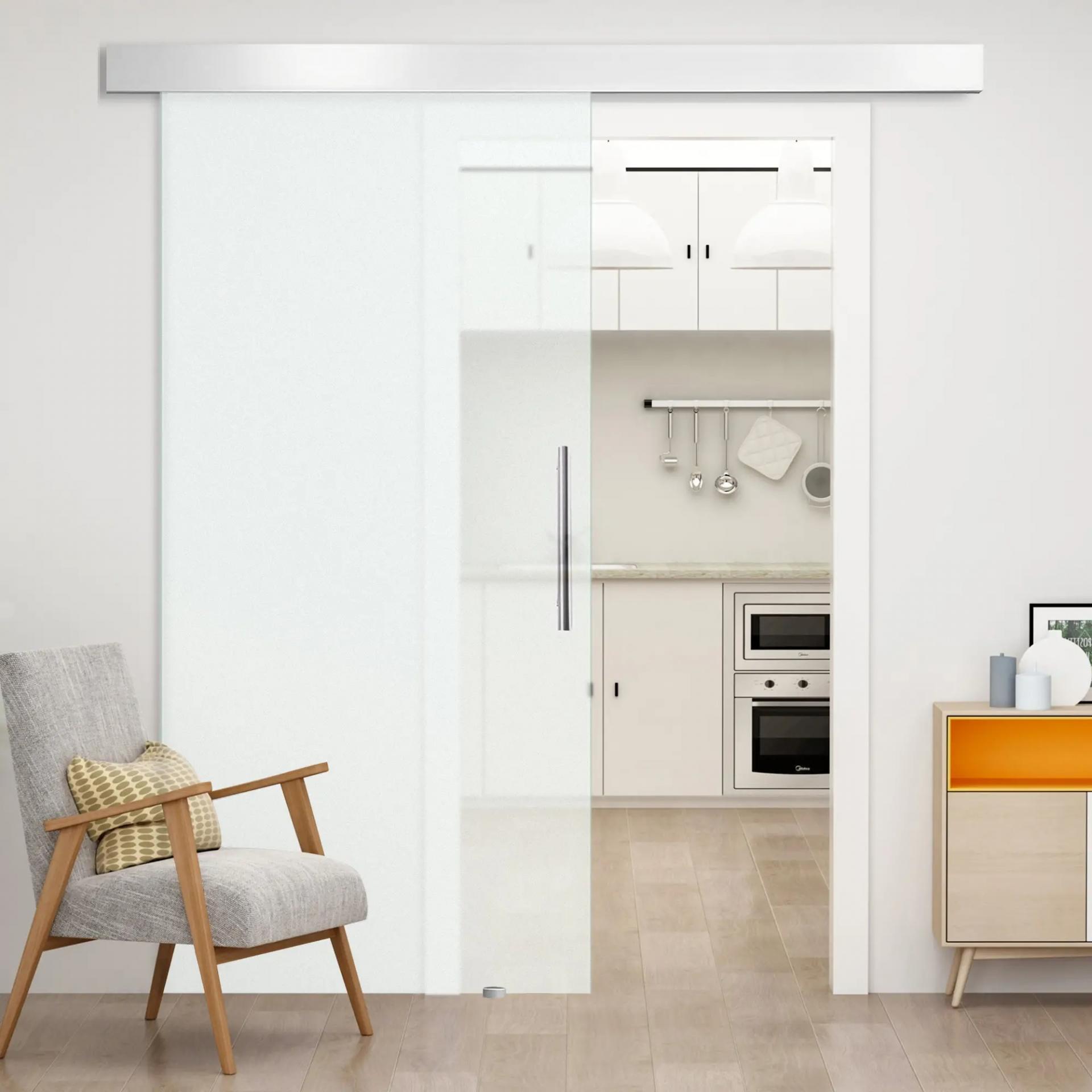 Puerta Corredera de Cristal Satinado 102,5x205 cm Puerta Corrediza con Riel Tirador y Cristal de Seguridad Translúcido