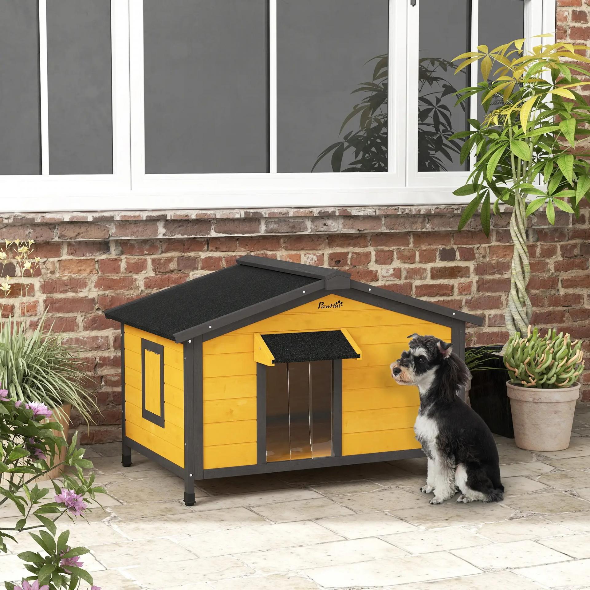 Caseta para Perros Exterior con Techo Asfáltico Abatible Ventanas y Base Extraíble 97x72x65 cm Madera Natural