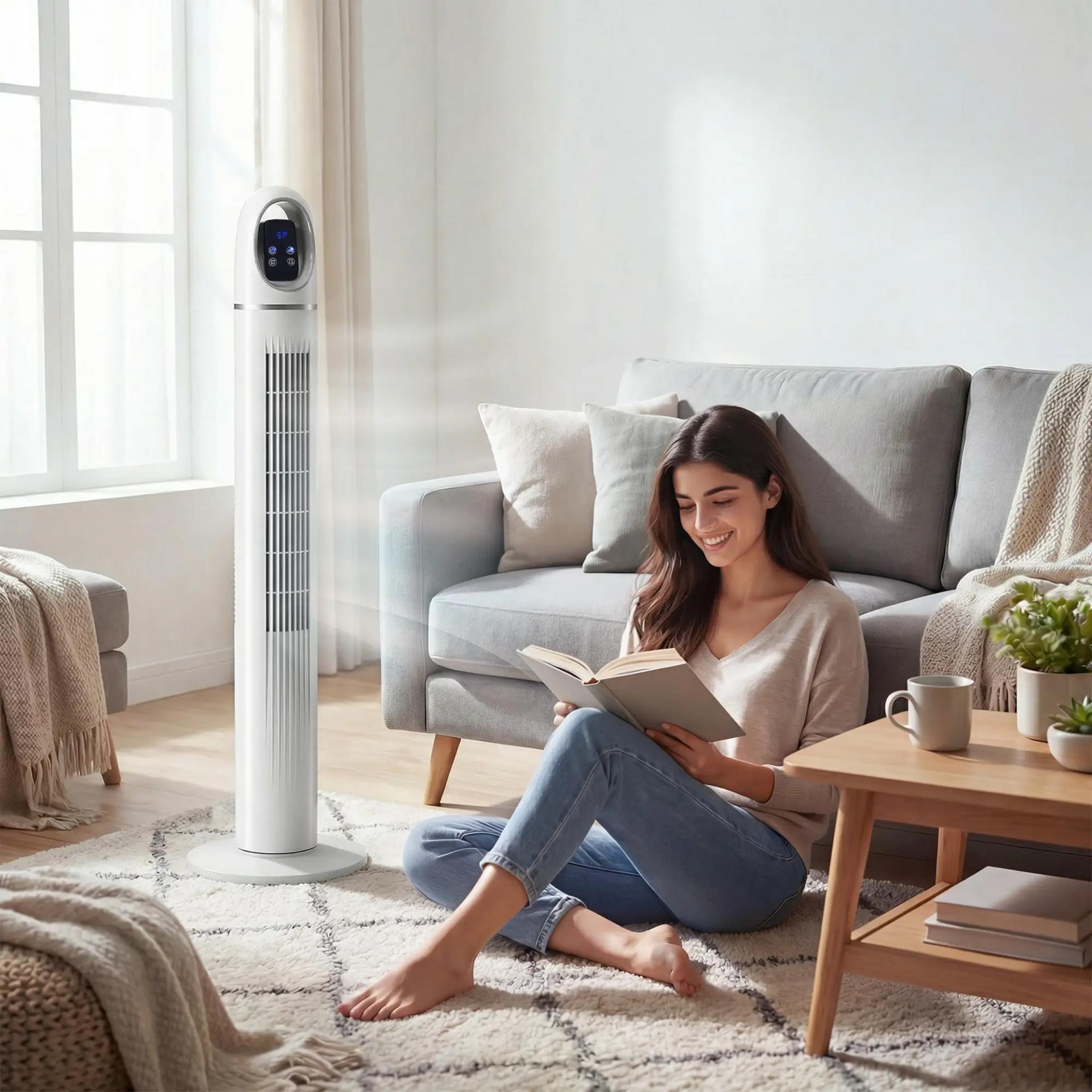 Ventilador de Torre con Control Remoto 3 Velocidades 3 Modos Temporizador 24H Oscilación 70° Pantalla LED Blanco