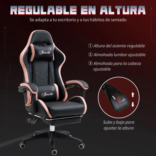 Silla Gaming Silla Gamer de Cuero PU Reclinable 135° Reposacabezas y Reposapiés 65x65x121-129 cm Negro y Rosa [4]