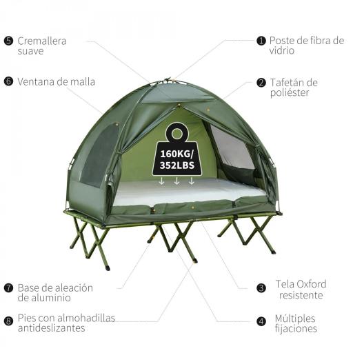 Cama Doble de Camping Plegable con Tienda de Campaña 4 en 1 Cama de Campamento Elevada con Colchón Hinchable y Bolsa de Transporte Tela Oxford Acero 193x145x180 cm Verde [5]