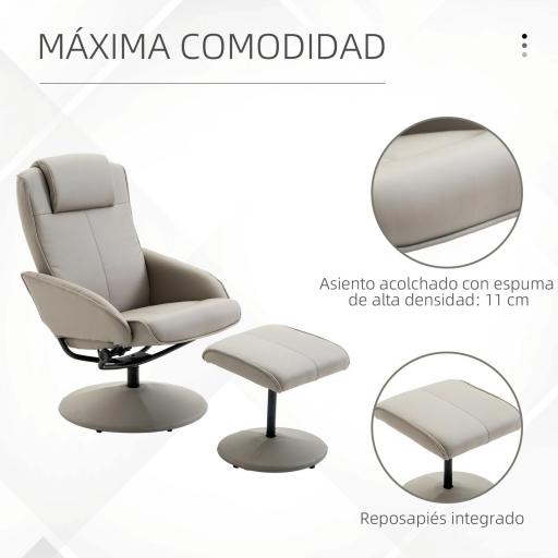 Sillón Relax Reclinable hasta 145° con Taburete Reposapiés Sillón de Salón Giratorio 360° Tapizado en PU y Estructura de Acero 78x67x98 cm Gris [2]