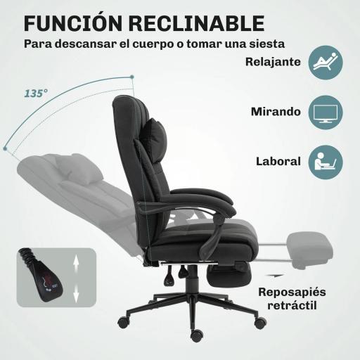 Silla de Escritorio Reclinable con Altura Ajustable Reposapiés Reposacabezas y Reposabrazos 66x76x112-120 cm Negro [3]
