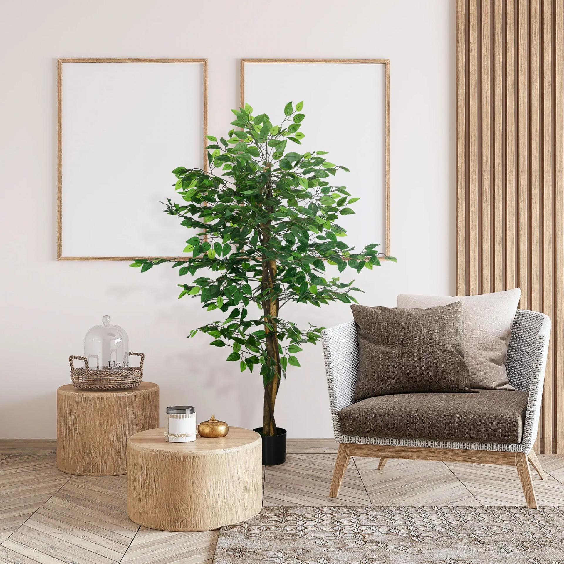 Planta Artificial con Troncos Naturales 150 cm Ficus Sintética con 882 Hojas Decoración para Hogar Verde