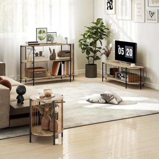 Mueble de TV Estilo Bohemio hasta 55 Pulgadas con Diseño en Cuerda de Papel y 2 Estantes Abiertos 124x43,5x41 cm Natural [7]