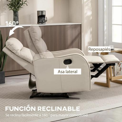 Sillón Relax Reclinable Sofá Relax Tapizado en PU con Reposapiés Retráctil para Dormitorio Salón 65x89x100 cm Crema [3]