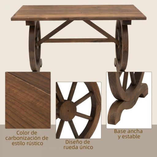 Mesa de Jardín de Madera de Abeto con Patas en Forma de Rueda para Exterior e Interior 110x60x65 cm Acabado Carbonizado [4]
