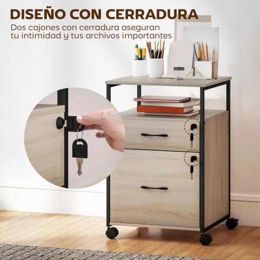 Cajonera de Oficina Cajonera para Escritorio con 2 Cajones y Ruedas para Tamaño Carta A4 44x40x66,5 cm Tono Madera [6]