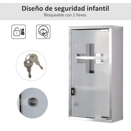 Armario de Medicinas Botiquín Gabinete de Primero Auxilios Acero Inox 3 Estantes Caja Colgante de Pared con Cerradura 25x12x48cm [5]