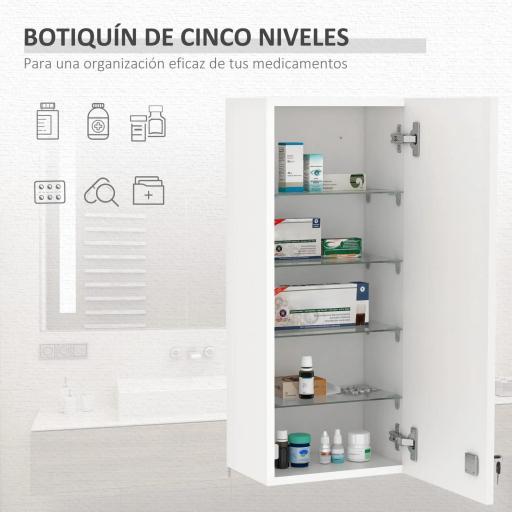 Botiquín de Pared de Primeros Auxilios 5 Niveles con Estantes Ajustables de Vidrio Cerradura Llaves 30x20x70 cm Blanco [5]
