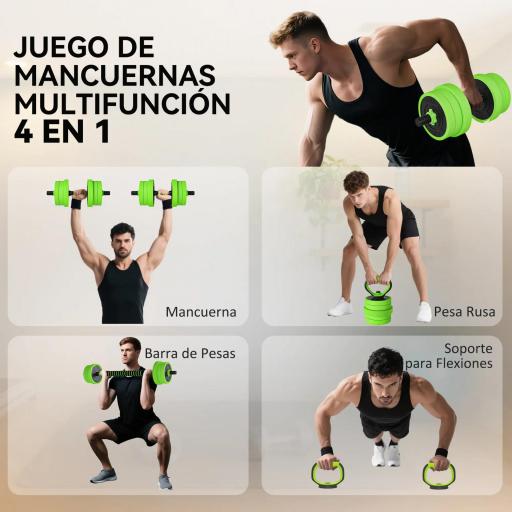 Kit de Gimnasio 4 en 1 con Barra de Pesas Mancuernas Kettlebell para Entrenamiento de Fuerza en Casa Color Verde y Negro [1]