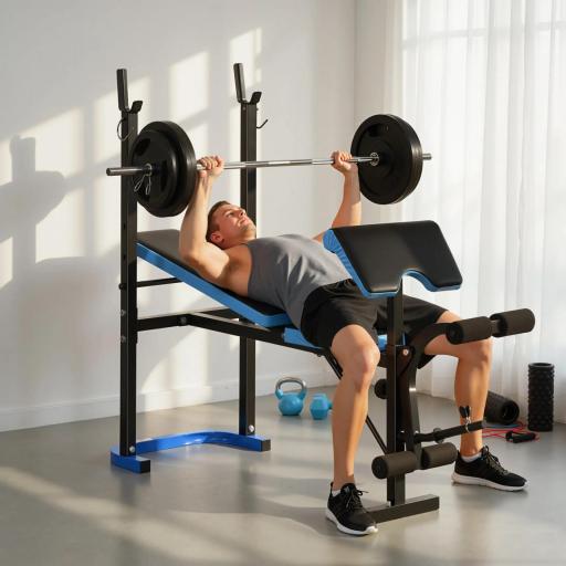 Banco de Musculación Banco de Pesas con Soporte para Barra y Respaldo Ajustable para Entrenamiento en Casa Gimnasio Azul
