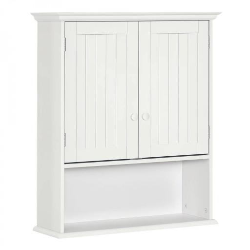 Armario Baño de Pared con 2 Puertas Estante Interior Ajustable y Compartimento Abierto Mueble Auxiliar Suspendido Multiusos para Cocina 60x20x70,5 cm Blanco [8]