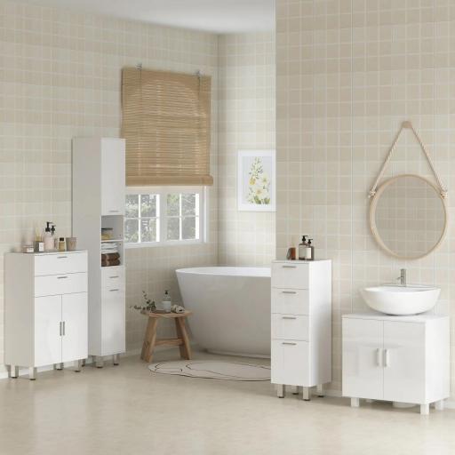 Mueble Auxiliar Baño Moderno Armario de Baño con 4 Cajones y 4 Patas para Salón Carga 30 kg 30x30x93cm Blanco Brillante