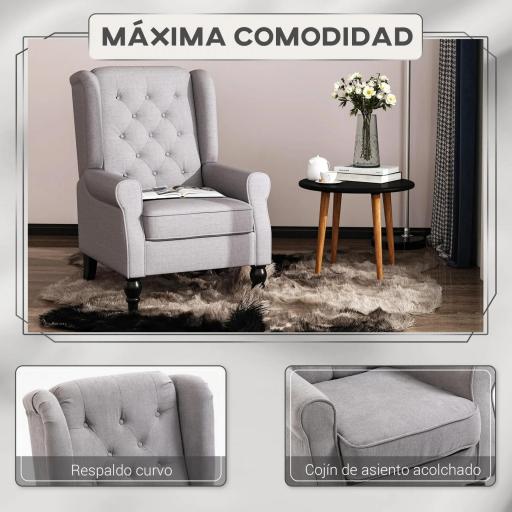 Sillón de Salón con Reposacabezas y Patas de Madera Butaca Carga 160 kg para Dormitorio Oficina Sala de Estar Gris [4]
