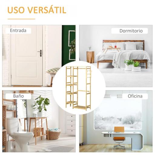 Perchero Burro de Bambú Perchero de Pie con Estantería de 4 Niveles con Barra Estante Inferior y Colgador Lateral para Ropa Bolsas Dormitorio 90x30x155 cm Natural [4]