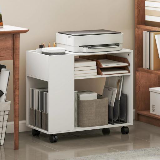 Mueble para Impresora con Ruedas Compartimentos Superiores Estantes Abiertos 70x36x60 cm Blanco
