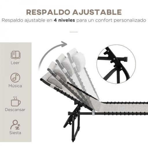 Tumbona Plegable, Tumbona Jardín Exterior Reclinable 4 Posiciones con Reposacabezas y Marco de Acero, Carga 120 kg, para Terraza, Piscina, Playa, 189x58x30 cm, Crema [3]