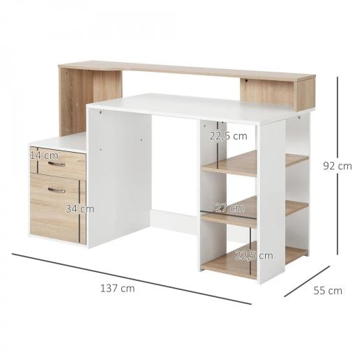 Mesa de Ordenador PC 137x55x92 cm Escritorio con Estantería de 3 Estantes 2 Cajones y Soporte para Impresora para Oficina Estudio Despacho Blanco y Roble [1]